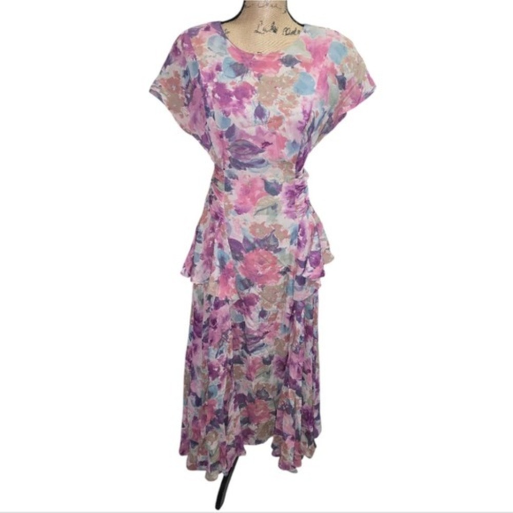 Carole Little Vintage 80's Rayon‎ Floral Day Dress Pink Purple Garden Party 10